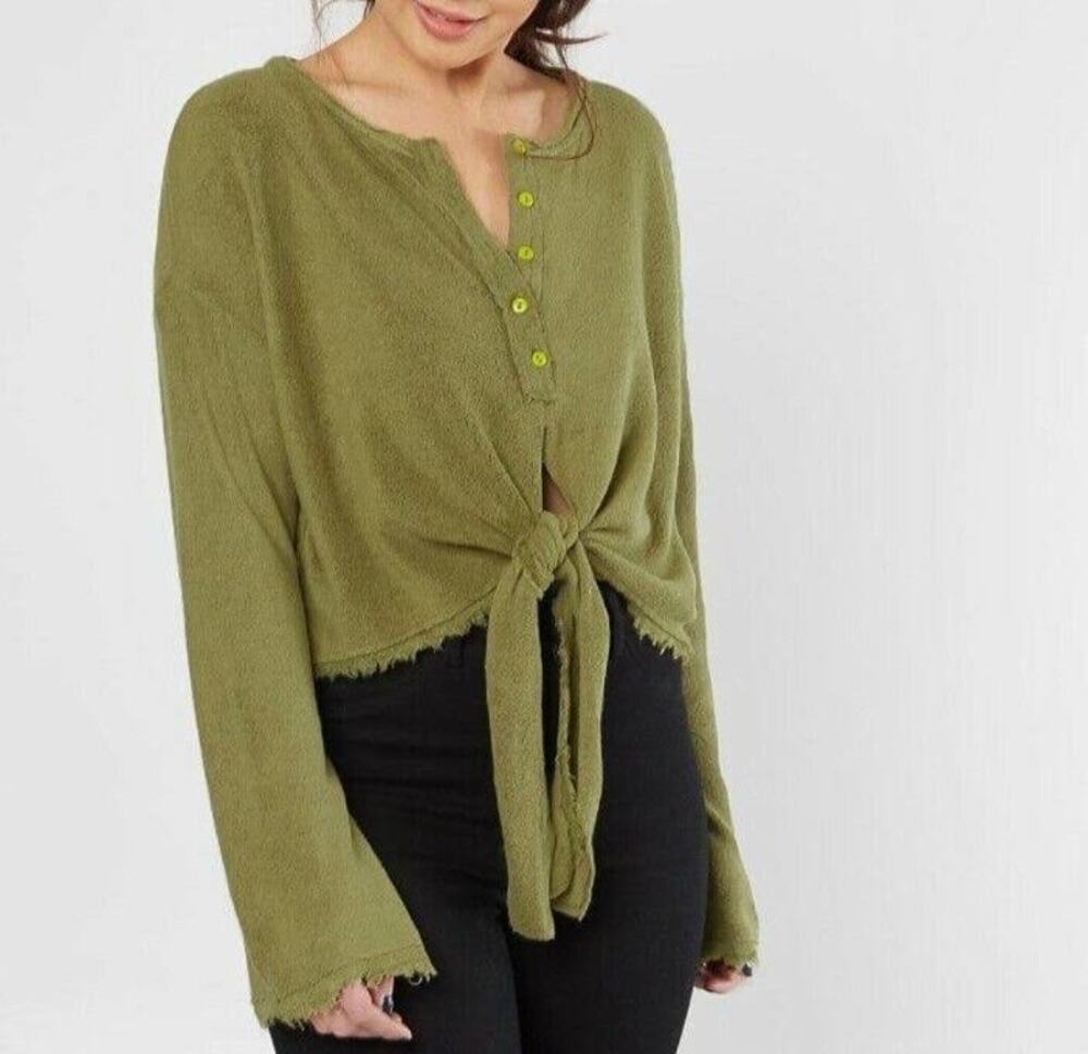 Free People Green Emmas Tie Henley Sweater Top Size XS